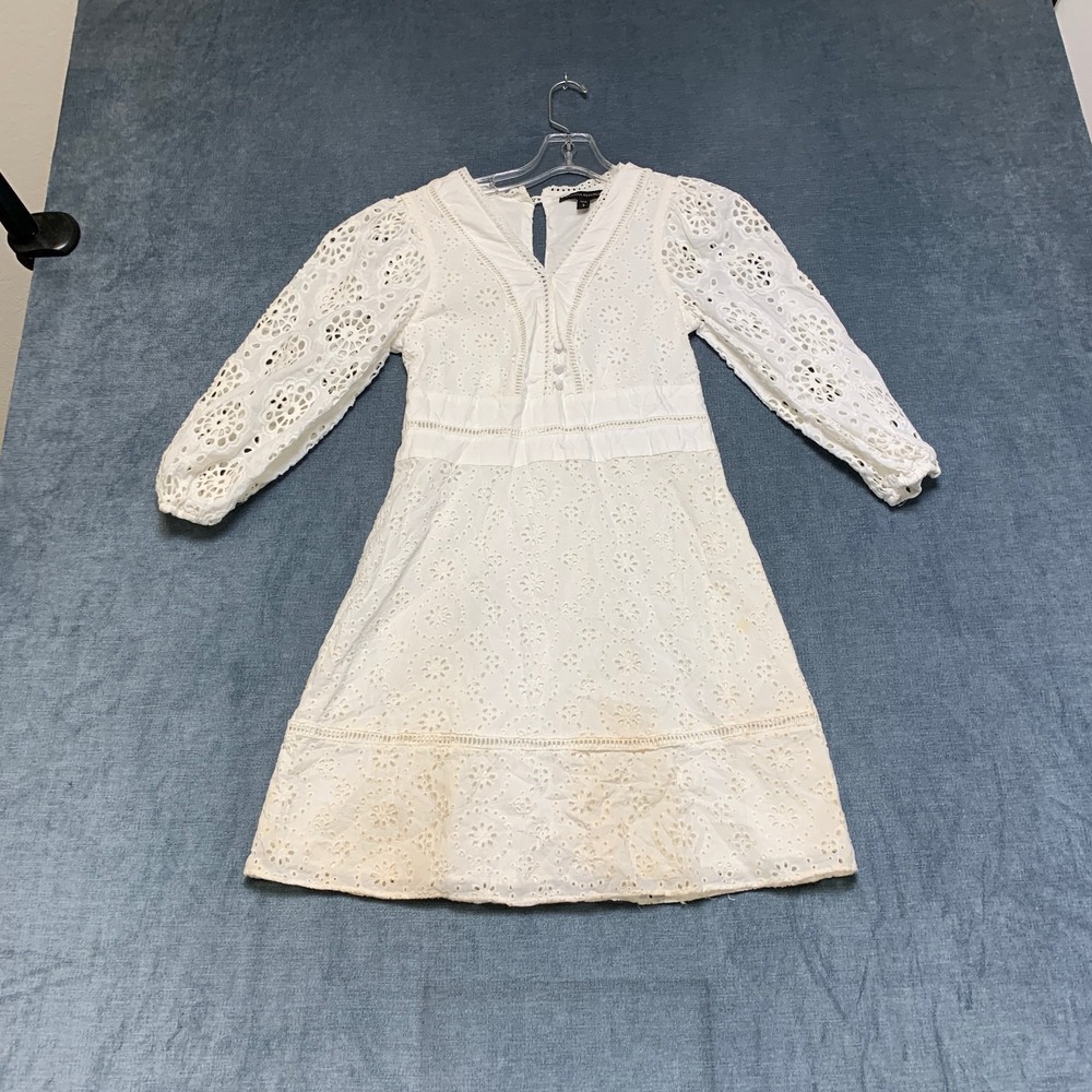 Banana Republic Eyelet Mini Dress Women 2 Petite White Puff Sleeves V Neck Party